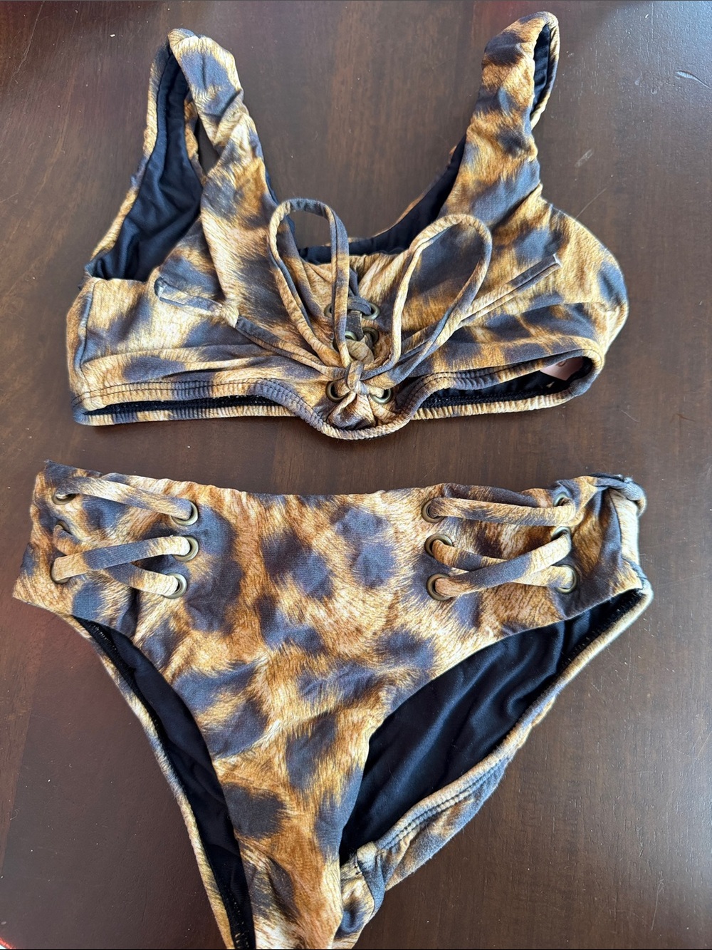 Pilyq Lace-Up Leopard Print Bikini in Brown & Black